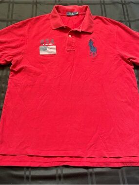 Polo Ralph Lauren Shirt Mens XLT Red USA Flag Logo Patch Big Pony